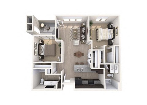 Floor plan for 2 beds, 2 baths, 1043 sqft